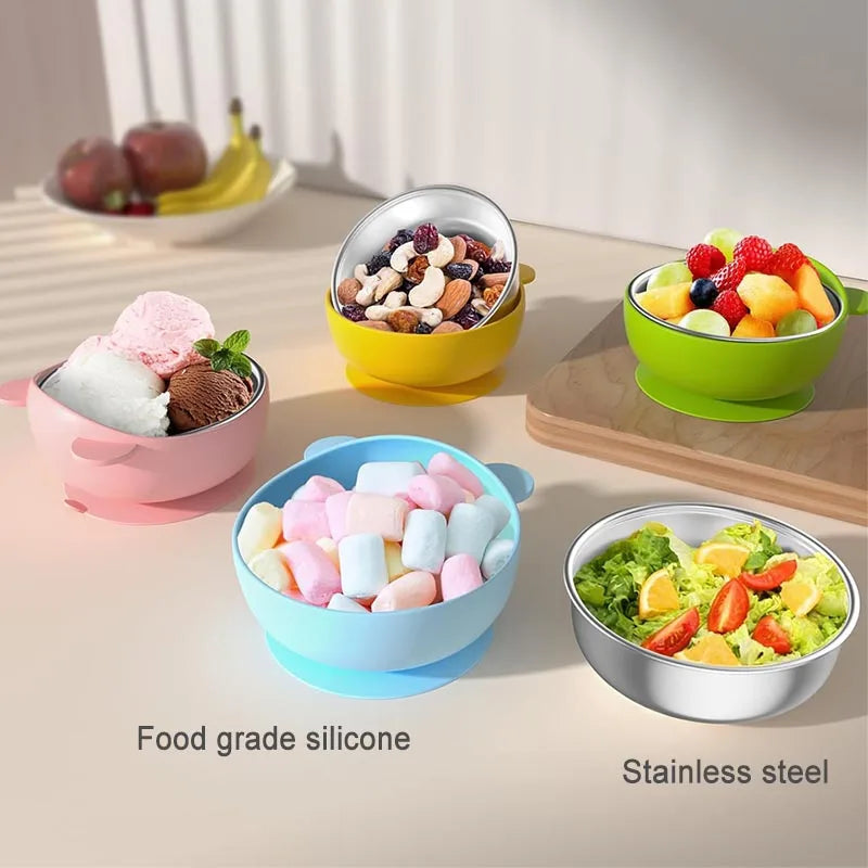 2 In 1 Silicone Stainless Steel Bowl - Baby Self Feeding Bowl Training Bear Bowl- Silicone Sucker Bowl