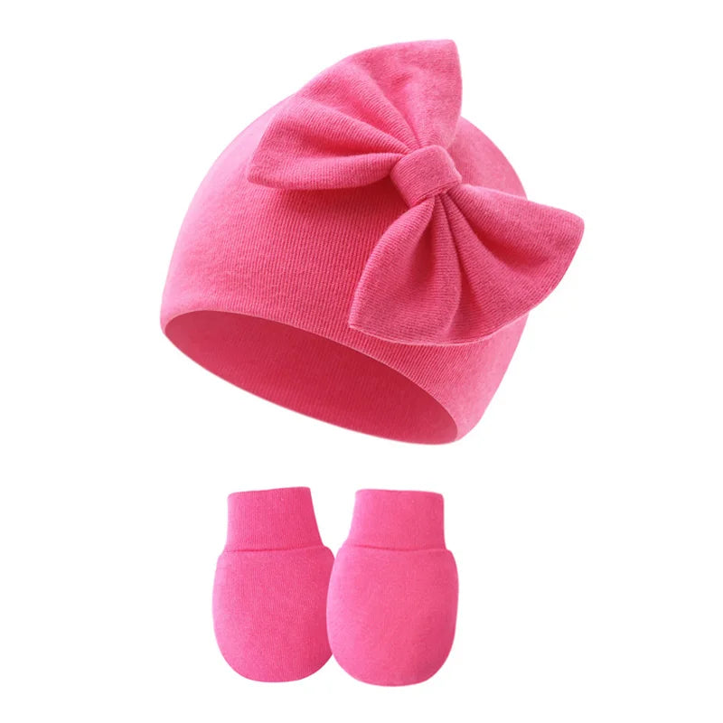 2Pcs Newborn Hat & Gloves Princess Set - Big Bow Baby Girl
