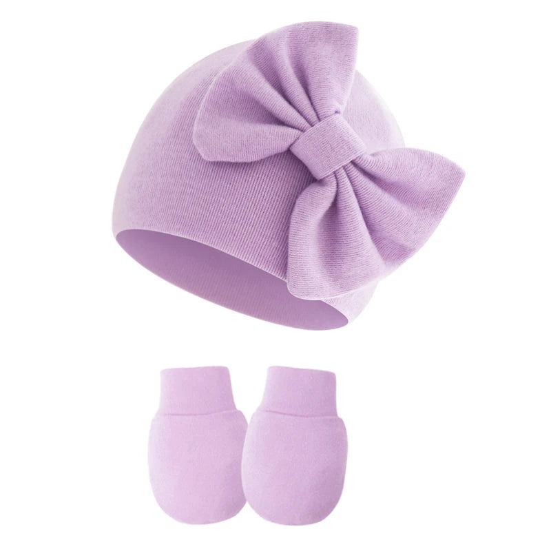 2Pcs Newborn Hat & Gloves Princess Set - Big Bow Baby Girl